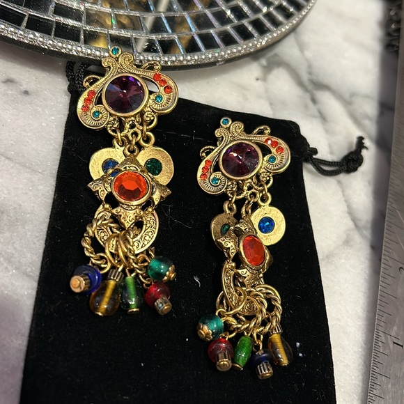Vintage Designer Antiqued Gold with Jewel Tone Crystals Earrings-Boutique - Picture 6 of 8